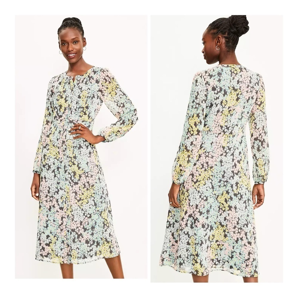 LOFT Garden Pastel Floral‎ Puffed Shoulder Button Front Midi Shirtdress Size 14